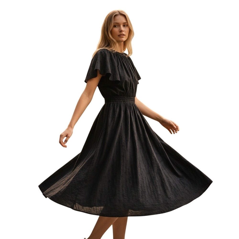 LA Collection Black Eyelet Sleeve Midi‎ Dress Pleated Skirt Womens Sz S